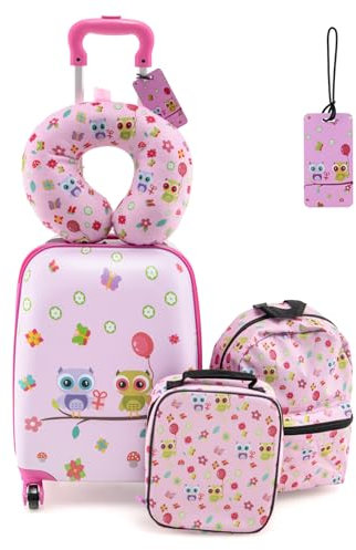 SOARS 5tlg. Kinderkoffer Set, 16” Kindertrolley mit Rucksack, Nackenkissen, Lunchtasche & Kofferanhänger, Kindergepäck mit Rollen & Teleskopgriff, Reisekoffer Kinder Jungen & Mädchen (Eule)