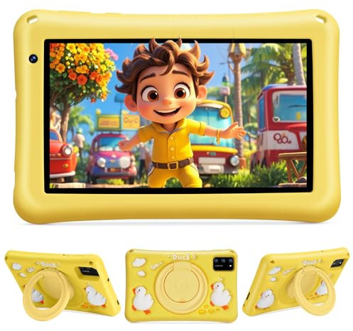 Tablette Enfants 7 pouces, Tablette Android 13, Octa-Core, 8Go+64Go (TF 256GB), Batterie 5800mAh, Caméras 5MP+8MP, Affichage HD, Contrôle parental, Housse protectrice en silicone pour enfants(Jaune)