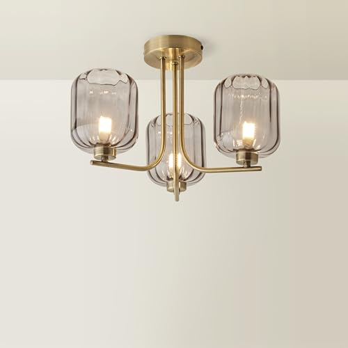 ValueLights | Gold 3 Way Ceiling Light Fitting with Smoked Ribbed Glass Shades | Pendant Lights, Home Décor & Improvement Essential | Mains Wired