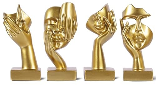 oliruim Gold Abstract Thinker Figurine Set of 4, Home Art Face Small Statue for Accents Decor Women Bedroom Shelf Bookcase Room Desk, TV Stand, Coffee Table Decor, Art Sculpture Gifts for Women (Gold)