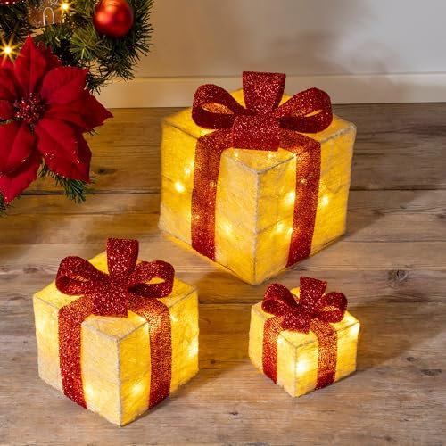 Schauer 3er Set LED Geschenkboxen mit 6h Timer & Batterie beige/rot | Weihnachtsbaum Deko Dekoboxen warm weiß beleuchtet - Weihnachten Christmas Decorations Weihnachtsdeko innen
