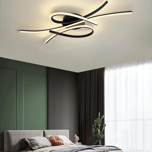 QYSMGS LED Deckenleuchte Oval Schwarz und Gold Deckenleuchte mit Fernbedienung 100CM Modern Flush Mount Dimmable Deckenbeleuchtung für Wohnzimmer Schlafzimmer Esszimmer Küche Insel (Schwarz, 80CM)