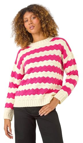 Roman Wave Colour Block Knit Jumper for Women UK - Ladies Autumn Everyday Winter Holiday Round Neckline Comfy Long Sleeve Soft Drop Shoulder Top Office Desk Sweaters - Cerise - Size 18