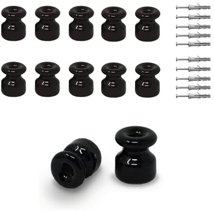 10 aisladores / sujetacables para cables trenzados de techo o pared. Disponible en colores blanco o negro. Incluye tornillos y tacos para una instalación fácil e inmediata (Negro)