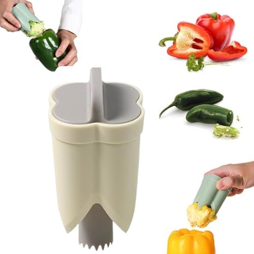 Pepper Seed Corer Remover, 2 in 1 Bell Pepper Cutter Pepper Porer Seed Remover Tool, Pepper Deseeder Bell Pepper Corer Tool Pepper Cutter for Vegetables Kitchen Gadget (Beige)