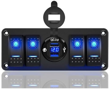 Chelhead 4 Gang Panneau de commutateur à bascule basse tension 12V, avec éclairage arrière LED bleu, connecteurs de câblage, panneau de commutateur à bascule étanche à l'eau avec voltmètre