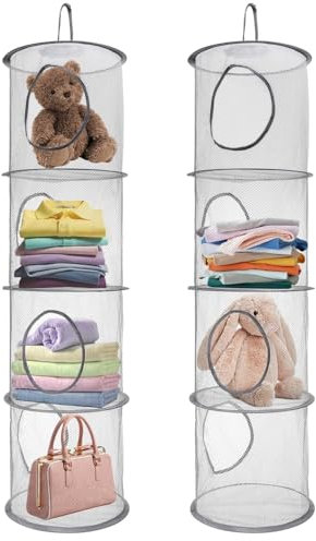Hanging Mesh Storage, 2Pcs Hanging Toy Storage Net, Foldable Soft Toy Storage ,4 Tier Compartments Foldable Hanging Soft Toy Storage Basket for Cuddly Toys Clothes Sundries 110 x 30cm Grey