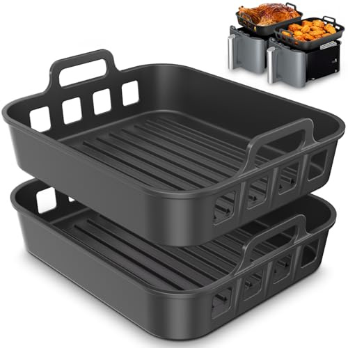 PINTAUR Silicone Air Fryer Liners 2 Pcak for Ninja DZ401 DZ550 DZ302 SL401 SL451 COSORI, Chefman, Instant DoubleStack XL Air Fryer and 6-in-1 9-10QT Dual Baskets, Reusable AirFryer Accessories