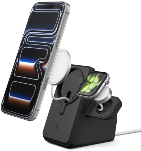 Spigen MagFit Duo Stand MagSafe Ladestation für iPhone/Apple Watch MagSafe Ladegerät 2025-2024 Kompatibel mit iPhone 17/16/15, AirPods und Apple Watch Serie (Ladegerät Nicht enthalten) - Schwarz