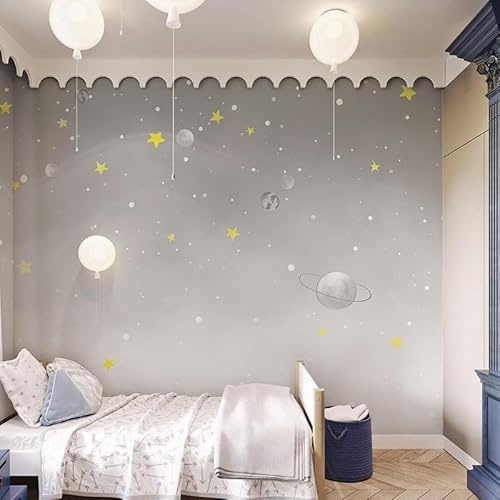 WLLDDDIU Papel Tapiz de Cielo Estrellado Gris con Dibujos Animados en 3D para Habitación Infantil, Dormitorio de Niños y Niñas, Grandes Pinturas de Pared Autoadhesivas, Papel de contacto despegab