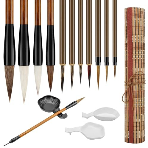 Linkstyle Chinesische Kalligraphie Pinsel Set, 11 Sumi-e Pinsel mit 3 Tusch | Kanji Japanischer Sumi Zeichenpinsel für Blumen Aquarell Vogelmalerei(mit Bambus-Pinseltasche)