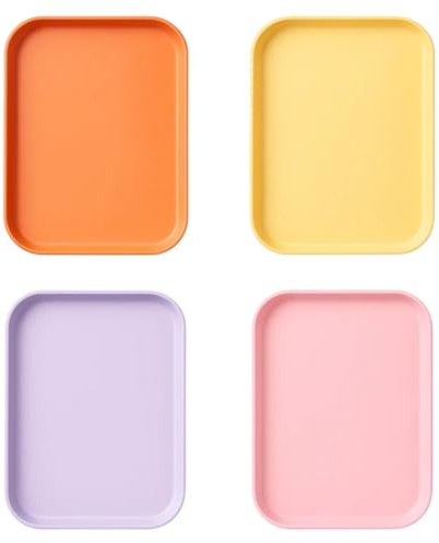 4 PCS Plastic Serving Trays, Small Tray,Colourful Non-Slip Trays for Kitchen, Cafe, Restaurant, Home & Office Use, 20 x 15 x 1.7 cm, Orange, Yellow, Purple, Pink, Reusable Plastic Serving Boards
