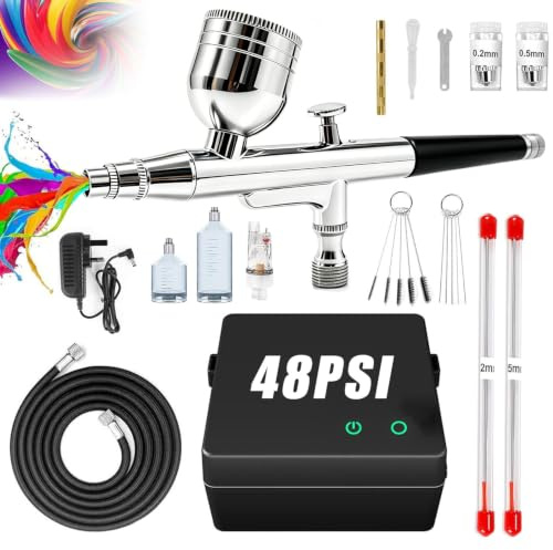 40PSI Airbrush Compressor Kit, Dual Action Non-Clogging Air Brush Set