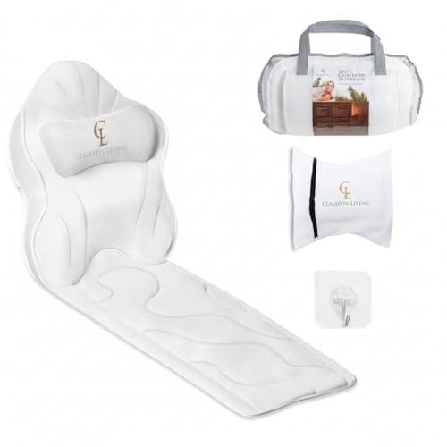 Cuscino Vasca da Bagno per Tutto il Corpo (126x41cm) – Cuscino Bagno con ventose e Poggiatesta (13cm); Supporta Collo, Schiena e Gambe – Incl. borse Lavaggio/Viaggio e Gancio Asciugatura – Bianco