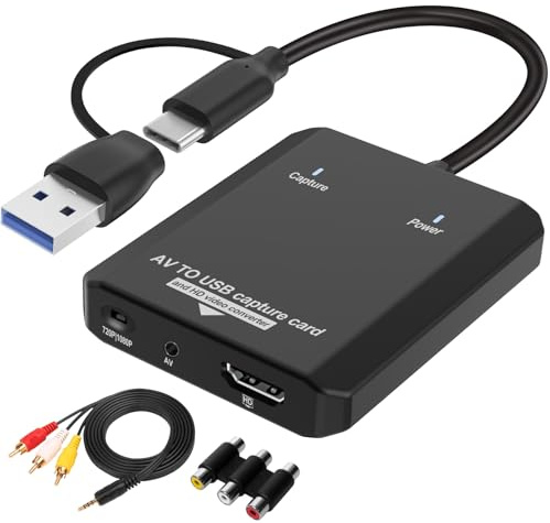 VHS zu Digital Konverter - RCA zu HDMI Adapter, USB Video Capture Card, Analog zu Digital Adapter, geeignet für VCR/DVD/AV/PS2/WII, Speichern/Konvertieren alter Videos