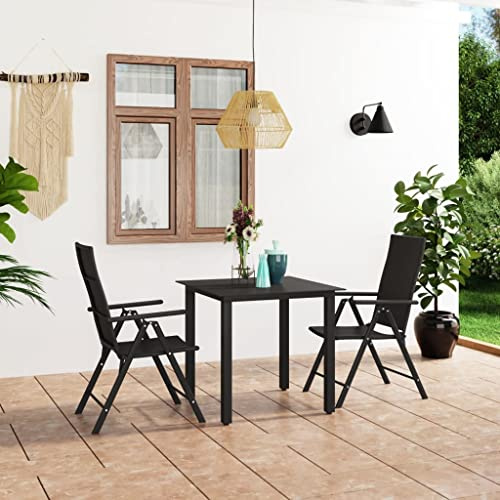 Runheo 3-TLG. Garten-Essgruppe Schwarz, PE-Rattan Outdoor Möbel Set mit Glastisch, verstellbare Stühle, Aluminiumrahmen, für Terrasse, Balkon, Patio