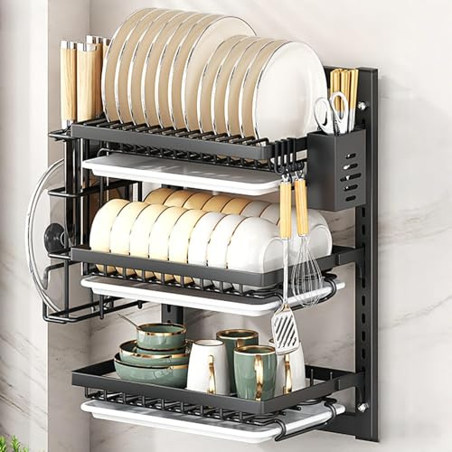 Wclavion Secaplatos de Pared, Secavajillas Acero Inoxidable, Escurreplatos Ajustable con Soporte para Tabla de Cortar, Organizador de Cocina para Ahorrar Espacio(Black,40cm)