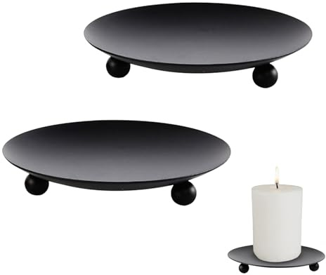2 Pack Pillar Candle Holders, Black Metal Candle Plates and Trays | Iron Candle Dish Stand for LED Candles, Round Decorative Centerpiece for Wedding Party Table (Black)