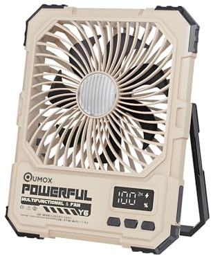 Qumox Y6 Rechargeable Camping Fan with LED Light, 20000mAh Battery, Remote Control, 4 Speed Levels, 4 Light Modes, 2/4/6H Timer, Foldable Stand with Hanging Hook, Type-C Input, KHAKI