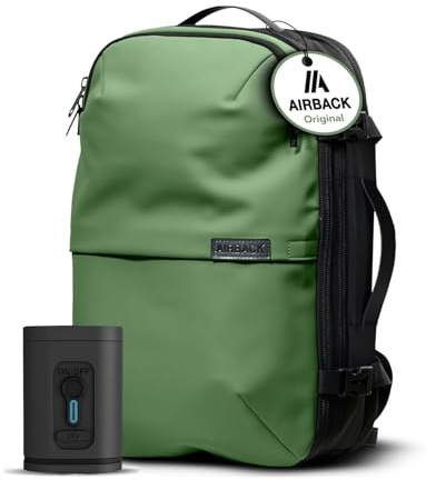 Airback Zaino Sottovuoto Viaggio con Pompa - 22-48L, Zaino Bagaglio a Mano con Sottovuoto per Cabina, Zaino Viaggio Leggero, Espandibile, Comodo e Resistente All'acqua, Verde