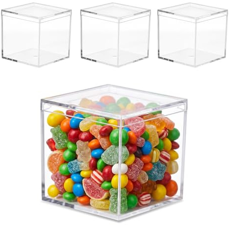 CLKUEH 4 Stück Acryl Displaybox mit Deckel, 10x10x10 cm Acryl Geschenkbox Quadratische Acrylbox mit Deckel Transparente Kunststoff Kleine Würfel Aufbewahrungsbox