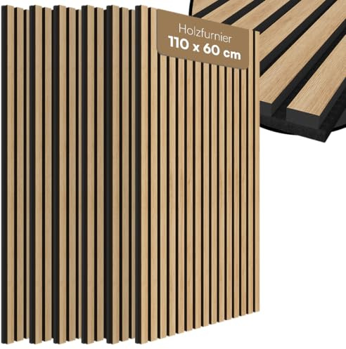 Bellamio Kilwa Akustikpaneele 110x60 cm, 6er-Set, Holzoptik Eiche, 3D | Wandpaneele, Wandverkleidung, Akustik Holzpaneele als Schallabsorber, Lamellenwand für Innen, Wall Panel mit Schallschutz