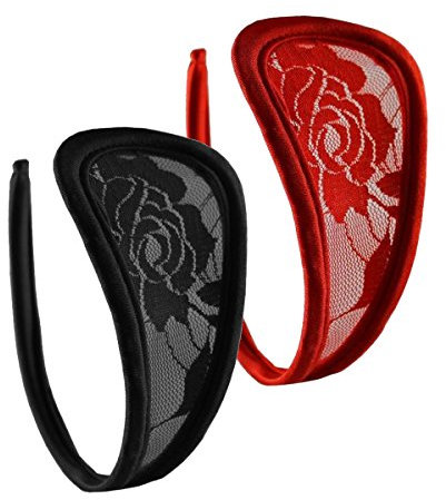 lau-fashion Juego de 2 braguitas de encaje para mujer, tanga en C, minibikini, color negro y rojo, lencería, tallas S/M/L, negro/rojo, S-L