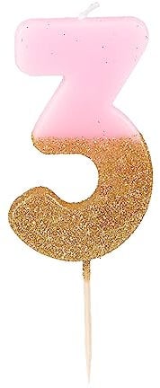 Talking Tables Premium-Qualität Rosa Zahlenkerze Nummer 3 Drei Geburtstagskerze Geburtstag Tortenaufsatz Dekoration, Wachs, Glitzer, Höhe 8 cm funkelnd schön