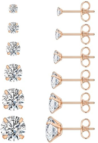 5 Pairs Stud Earrings Set, Hypoallergenic Cubic Zirconia 316L Earrings Stainless Steel CZ Earrings 3-8mm (Rose Gold Colored-A)