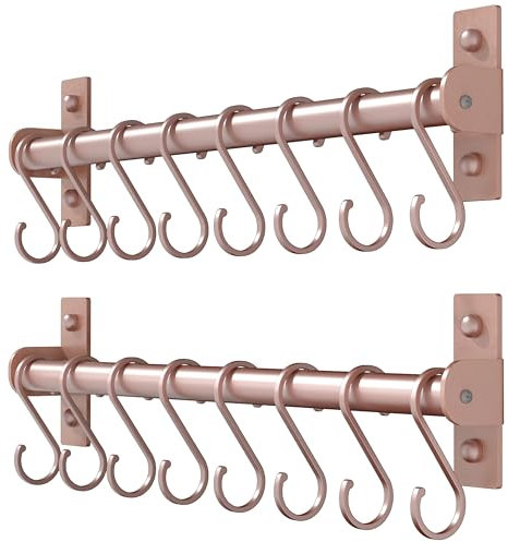 Dseap Kitchen Utensil Holder Hanger, Pot and Pan Rack Wall Mounted, Kitchen Rail with 8 Hooks for Hanging Cooking Utensils, Mugs, Spoons, Wall Mounted, Rose Gold, Pack of 2