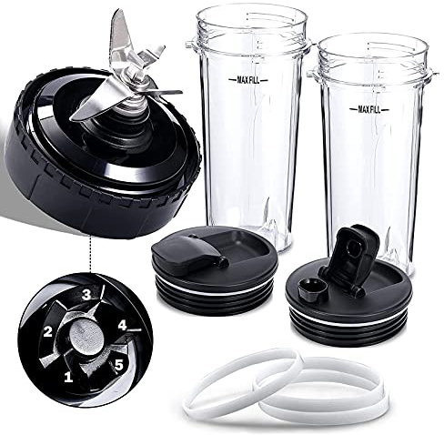 Blender Replacement Parts Compatible with Nutri Ninja, 5 Fins Extractor Blade, 2×16oz Cups with To-Go Lids, 3×Rubber Gasket Accessories for Ninja QB3000/QB3000SSW/QB3004/QB3005/QB3001