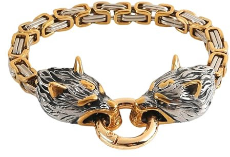 YCYR Männer Edelstahl Königskette, Nordischen Wikinger Wolfskopf Keltischen Fenrir Armband Schmuck, Handgefertigte Schnitzerei Vintage Totem Manschettenarmband,Wolf,23cm/9.05 in