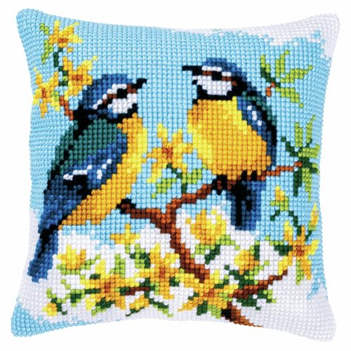 Vervaco Kreuzstich Stickpackungen Kissen Stickerei Set Anfänger Vorgedruckt Blaumeisen DIY Set Kreativ Set Für Erwachsene Dekoratives Kissen ca. 40 x 40 cm Bastelset Handwerker Haus Dekoration