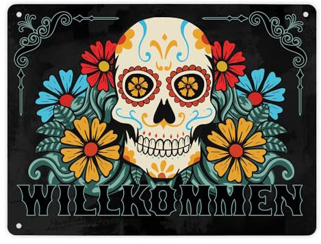 Willkommen Metallschild XL in 21x28 cm mit Totenkopf und Blumenmotiv hübsches Blechschild mit Totenschädel Schild für die Zimmertüre