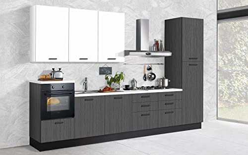 Dafne Italian Design Cocina completa con electrodomésticos (horno, fregadero, campana de cocina) estilo industrial - cm. 360 x 60 x 240 - irón gris, blanco mate - nevera a la derecha