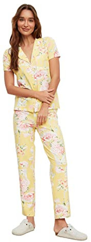 TRENDYOL Damen Geblümt Tasche Webstoff Hemd-hose Pyjama Set, Gelb, L EU