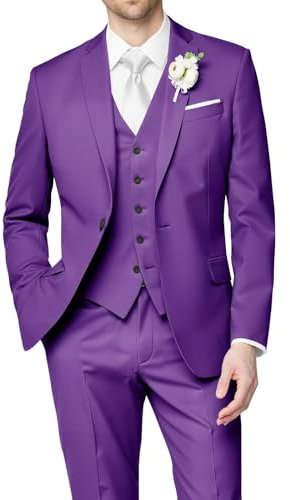 HUUTOE Costume 3 pièces pour homme - Coupe ajustée - Pour mariage, bal de fin d'année, affaires, blazer à un bouton - Veste gilet et pantalon - Smoking, violet, XX-Small