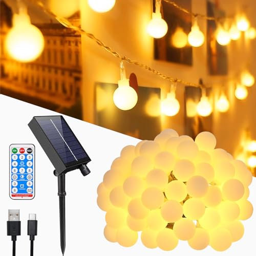 MOLVCE Solar Lichterkette Aussen Kugeln 20m 200LED, Solar Lichterkette mit Fernbedienung, 8 Modi, Timer, USB-betrieben, Dimmbar Solarlichterkette Wetterfest für Balkon Hochzeit Weihnachten, Warmweiß