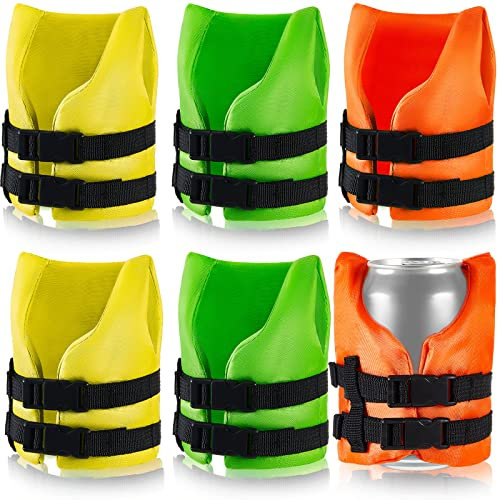 Rtteri 6 Pcs Life Vest Bottle Cooler Life Preserver Can Cover Beverage Jacket Cup Holder Wine Beer Drink Coat for Gift Holiday Vacation Beach Party(Orange, Yellow and Fluorescent Green)