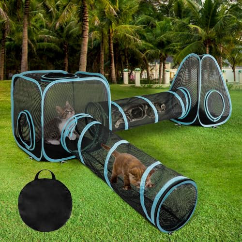 GINDOOR 9.45FT Outdoor Cat Enclosures Portable Kitty Playhouse, Pop Up Cat Tent with 33.86x 11.81IN Double Rabbits Tunnels DIY in Multiple Ways, Kitty Playpen Play Tents for Rabbits and Small Animals
