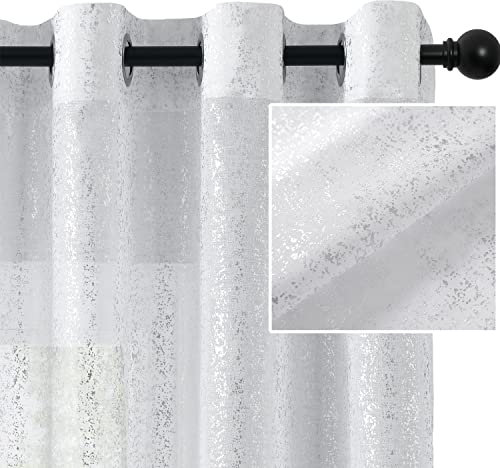 TERLYTEX Silberweiße transparente Vorhänge, 244 cm Länge, metallische Silberfolien-Punkte, bedruckt, glitzernd, durchscheinende Vorhänge für Wohnzimmer, Privatsphäre, Ösen, schimmernde Vorhänge, 2