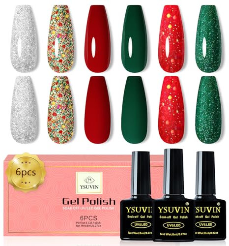 YSUVIN UV Nagellack Weihnachten Set, 6 Farben Grünes Rot Silber Weihnachts Gel Nagellack Set für Anfänger DIY Nail Art Maniküre Salon, 8ml
