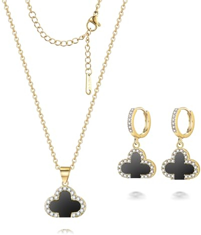 Feasnow Glücksklee-Halskette und Creolen-Ohrring-Set, schwarz, weiß, grün, Anhänger, 18 Karat vergoldet, niedlicher Schmuck für Frauen und Mädchen, Glücksbringer, 18 vergoldet