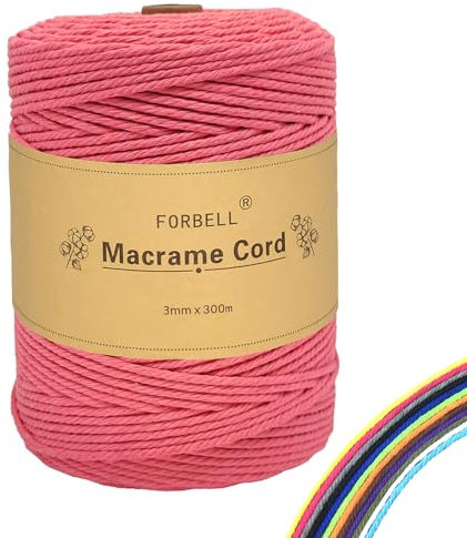 FORBELL Makramee Garn, 3mm x 300m Premium Baumwollgarn, DIY Handwerk (Rosa, 3 mm x 300 M)