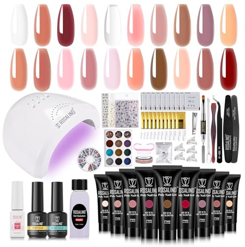 ROSALIND Kit Gel Ricostruzione Unghie, 20 Colori Kit Unghie Gel Completo con 48W UV Lampada, Acrygel Poly Nail Gel Estensione Unghie Set con Base y Top Coat, Nail Art Estensione delle Unghie Kit
