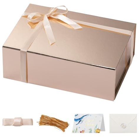 Large Rose Gold Gift Box with Lid for Present 13x9x4.4 Inches Gift Packing Magnetic Box for Gift Collapsible Decorative Gift Boxes Contains Card Ribbon Raffia Paper Filler Present Box for Christmas,