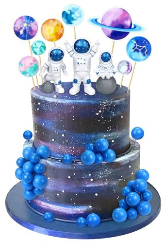 41 PCS Space Cake Topper Outer Space Cupcake Topper Set Birthday Cake Decoration with 3 Spaceman Figurines 30 Mini Cake Balls & 8 Planets Cake Decorating for Kid's Birthday Baby Shower Home Ornaments