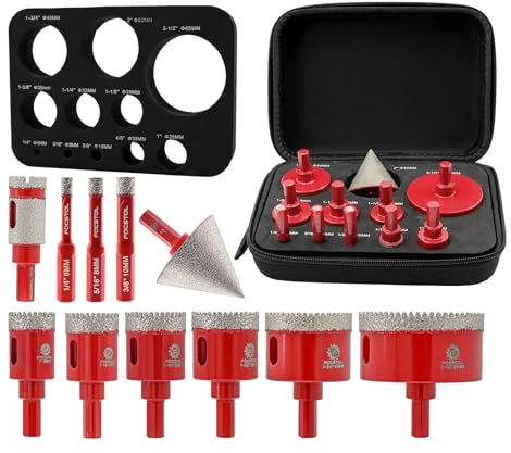 Diamond Core Drill Bit Set - FOCSTOL 11pcs (6/8/10/25/28/32/35/45/65mm+20mm Drilling Milling Bit+50mm Beveling Chamfer Bit) Hole Saw Kit for Porcelain Ceramic Tile Marble Granite with Triangle Shank