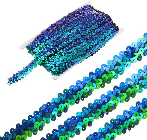 QUARKZMAN 11 Yards 0.8 Elastische Pailletten Beschnitt 2 Reihe Flache Pailletten Streifen Pailletten Stoff Farbband für Basteln Pailletten Fransen Nähen Lila Grün