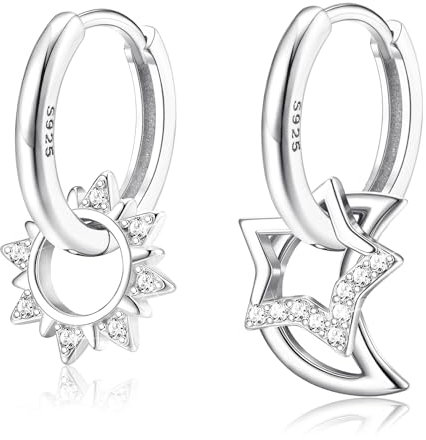 Adramata Ohrringe Silber 925 Mädchen – CZ Mond Stern und Sonn Ohrringe Silber Hängend Ohrringe für Damen, Hypoallergene Silber 925 Creolen mit Anhänger, Geschenk für Empfindliche Ohren,Sun-S